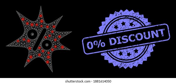 Glare mesh web discount boom with lightspots, and 0 percent Discount grunge rosette stamp seal. Illuminated vector constellation created from discount boom icon.