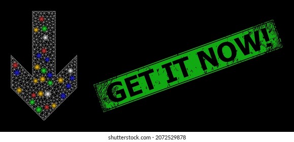 Glare mesh web down arrow direction with multicolored flash nodes, and grunge Get It Now seal stamp. Green stamp seal has Get It Now caption inside framed rectangle.