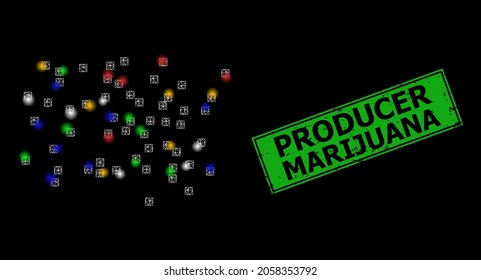 Glare mesh web dust particles with colored glowing spots, and grunge Producer Marijuana seal stamp. Green seal includes Producer Marijuana caption inside framed rectangle.