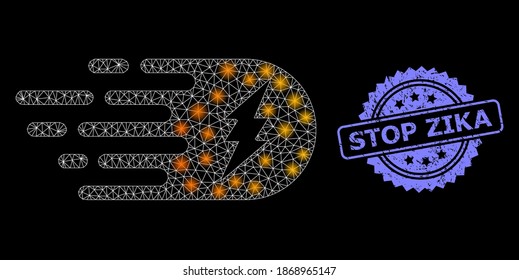 Paro eléctrico de malla de vidrio con manchas de luz y sello de goma Zika. Constelación vectorial iluminada creada a partir del icono de ataque eléctrico.