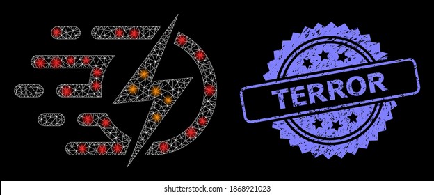 Glare mesh web electric voltage with lightspots, and Terror grunge rosette seal print. Illuminated vector model created from electric voltage icon. Blue seal includes Terror tag inside rosette.