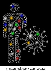 Icono de hombre infectado por la red de malla Glare con focos de luz de color. Malla vectorial iluminada creada a partir del pictograma del hombre infectado. Malla de marco de espuma de malla de hombre infectado poligonal.