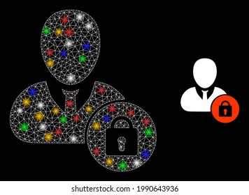 Glare mesh web locked user with multi colored light spots. Constellation vector structure created from locked user icon. Sparkle constellation mesh locked user, on a black backgound.