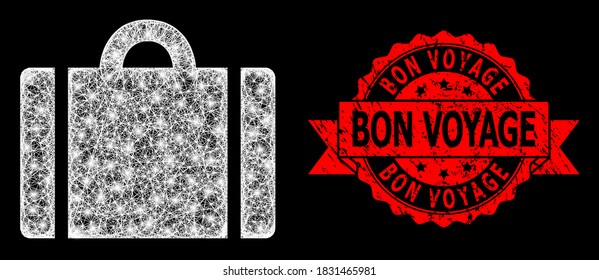 Glare Maschen-Web-Gepäck mit Lichtpunkten und Bon Voyage strukturierte Band-Dichtung. Rote Stempelrobbe hat eine Bon-Voyage-Bildunterschrift im Band. Illuminiertes Vektormodell aus Gepäcksymbol mit weißem Mesh.