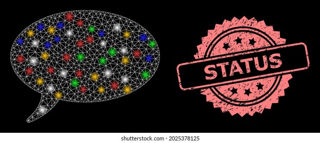 Glare mesh web message cloud with bright dots, and Status scratched rosette stamp. Illuminated vector mesh created from message cloud symbol. Pink stamp seal contains Status tag inside rosette.