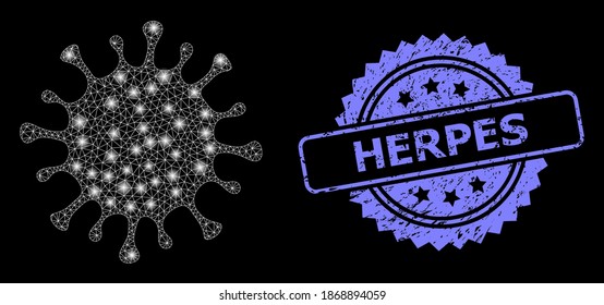 Glasgewebe-Webmikrobe mit leuchtenden Flecken und Herpes strukturierter Rosette-Robbendruck. Illuminierte Vektorkonstellation, die aus dem Mikrobensymbol erstellt wurde. Die blaue Stempeldichtung enthält Herpesenkaption im Rosett.