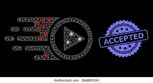 Glare mesh web move right with lightspots, and Accepted rubber rosette stamp seal. Illuminated vector constellation created from move right icon. Blue stamp seal has Accepted caption inside rosette.