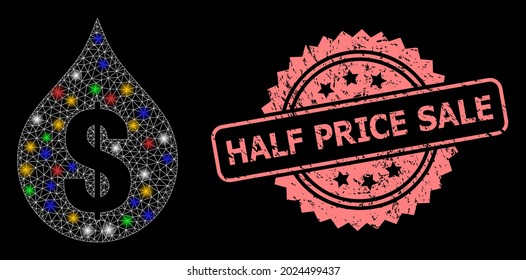 Glare mesh web oil drop price with bright dots, and Half Price Sale dirty rosette seal print. Illuminated vector mesh created from oil drop price icon.
