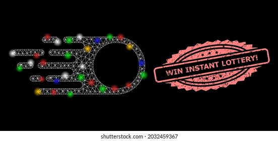 Vuelo de fotones de red de malla de vidrio con manchas de luz y sello de rosette de goma de la Lotería Instant. Malla vectorial iluminada creada a partir del icono de vuelo del fotón.