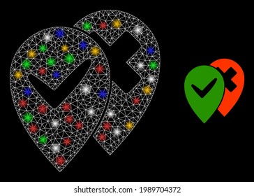 Glare mesh web place advices with colorful bright dots. Constellation vector mesh created from place advices pictogram. Sparkle frame mesh place advices, on a black backgound.