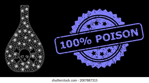 Glare mesh web poison jug with light spots, and 100 percent Poison rubber rosette stamp. Illuminated vector constellation created from poison jug icon.