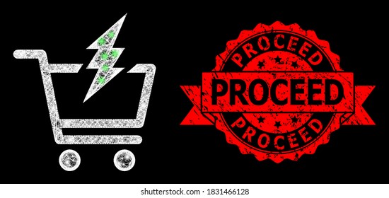 Glare mesh web proceed purchase with glowing spots, and Proceed scratched ribbon seal imitation. Red seal includes Proceed title inside ribbon.