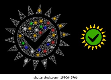 Glare mesh web push yes with multi colored lightspots. Constellation vector mesh created from push yes icon. Sparkle constellation mesh push yes, on a black backgound.