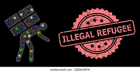 Glare mesh web refugee with flash nodes, and Illegal Refugee textured rosette stamp seal. Illuminated vector model created from refugee icon. Pink stamp seal has Illegal Refugee tag inside rosette.