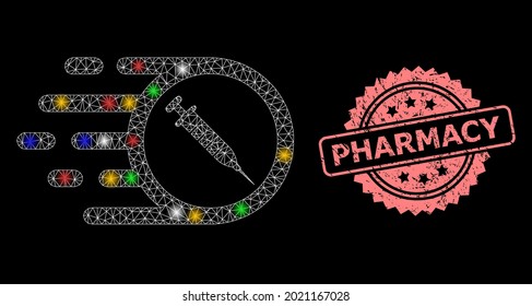 Glare mesh web rush vaccine with lightspots, and Pharmacy rubber rosette stamp. Illuminated vector mesh created from rush vaccine pictogram. Pink stamp seal contains Pharmacy text inside rosette.