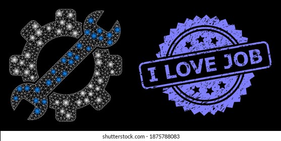 Glare mesh web service tool mit lightspots, und I Love Job unlean Rosette Stempel. Illuminierte Vektorkonstellation, die aus dem Symbol des Service-Tools erstellt wurde.
