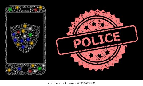 Glare mesh web smartphone shield with glowing spots, and Police unclean rosette stamp. Illuminated vector mesh created from smartphone shield icon. Pink stamp has Police title inside rosette.
