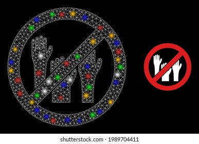 Glare mesh web stop voting hands with colored light dots. Constellation vector frame created from stop voting hands icon. Sparkle frame mesh stop voting hands, on a black backgound.