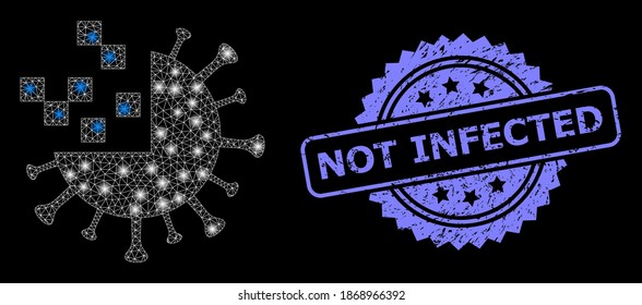 Glare mesh web synthetic virus with glowing spots, and Not Infected scratched rosette seal print. Illuminated vector constellation created from synthetic virus icon.