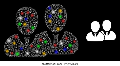 Glare mesh web users with multi colored bright dots. Illuminated vector framework created from users pictogram. Sparkle frame mesh users, on a black backgound.