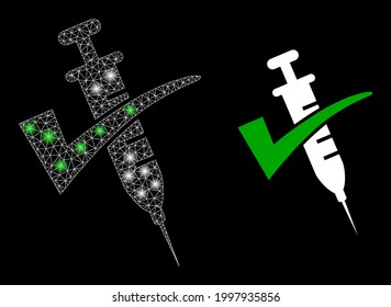Glare mesh web vaccine confirmed with glowing spots. Illuminated vector model created from vaccine confirmed icon with white mesh. Sparkle carcass mesh polygonal vaccine confirmed.