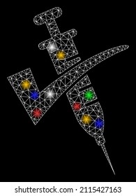 Glare mesh web vaccine confirmed icon with colored glowing spots. Illuminated vector model created from vaccine confirmed icon. Sparkle carcass mesh polygonal vaccine confirmed.