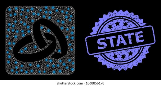 Glare mesh web wedding rings with light spots, and State dirty rosette stamp seal. Illuminated vector model created from wedding rings icon. Blue stamp has State text inside rosette.