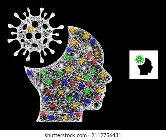 Glare net brain infection with colorful flash nodes. Illuminated vector mesh created from brain infection icon. Sparkle carcass mesh brain infection, on a black backgound.