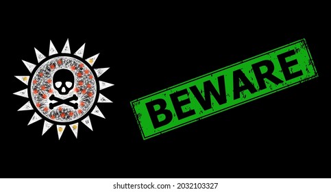 Glare net death sun radiation frame with bright dots, and green rectangle rubber Beware seal print. Illuminated vector mesh created from death sun radiation pictogram and crossing white lines.