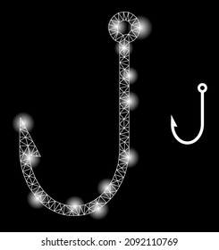 Glare net fish hook web icon with illuminated spots. Illuminated constellation is generated using fish hook vector icon. Illuminated carcass web polygonal fish hook, on a black background.