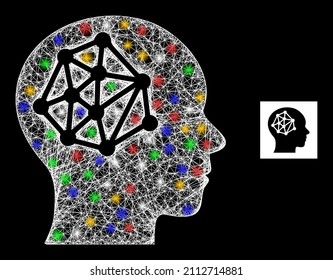 Glare net human barin network with multicolored bright dots. Illuminated vector carcass created from human barin network symbol. Sparkle carcass polygonal human barin network, on a black backgound.
