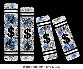 Glare net mesh accounting books carcass with light spots. Constellation vector mesh created from accounting books pictogram and crossed white lines. Sparkle carcass mesh accounting books,