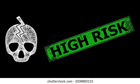 Glare net mesh death strike frame with lightspots, and green rectangular textured High Risk stamp seal. Constellation vector structure created from death strike symbol and intersected white lines.