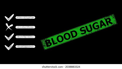 Glare net-Mesh-Prüfliste Modell mit Leuchtpunkten, und grünes Rechteck schmutzige Blut-Zucker-Stempel-Siegel. Konstellation Vektorrahmen erstellt aus Prüfliste Piktogramm und Kreuzung von weißen Linien.