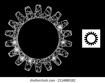 Glare net mesh gearwheel icon with illuminated spots. Illuminated constellation generated using gearwheel vector icon and crossed lines. Illuminated carcass gearwheel, on a black background.