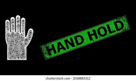 Handgitter-Maschenrahmen mit Leuchtpunkten und grünes Rechteck Gummi Hand Halten Siegel Imitation. Konstellationsvektorrahmen, erstellt aus dem Handsymbol und intersektierten weißen Linien.