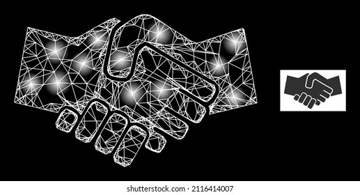 Glare net mesh handshake icon with glossy spots. Illuminated constellation generated from handshake vector icon and crossed lines. Glossy carcass handshake, on a black background.