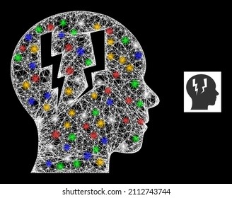 Glare net mesh head migraine with multicolored light dots. Illuminated vector frame created from head migraine icon. Sparkle frame polygonal head migraine, on a black backgound.