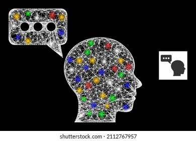 Glare net mesh man opinion with multicolored flash nodes. Illuminated vector carcass created from man opinion symbol. Sparkle carcass mesh man opinion, on a black backgound.