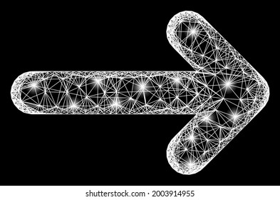 Glare net mesh move right frame with light spots. Illuminated vector frame created from move right pictogram and intersected white lines. Sparkle frame mesh move right, on a black backgound.