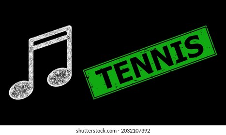 Glare net mesh music notes wireframe with glowing spots, and green rectangular textured Tennis stamp seal. Constellation vector carcass created from music notes icon and crossed white lines.