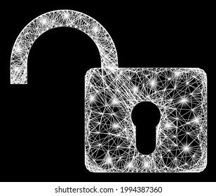 Glare net mesh open lock frame with lightspots. Constellation vector framework created from open lock pictogram and intersected white lines. Sparkle frame polygonal open lock, on a black backgound.