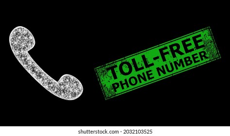 Glare net mesh phone receiver model with lightspots, and green rectangular scratched Toll-Free Phone Number stamp seal.