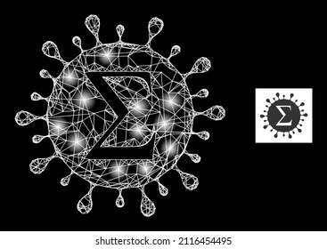 Glare net mesh Sigma coronavirus icon with illuminated spots. Illuminated model generated using Sigma coronavirus vector icon and intersected lines. Illuminated carcass Sigma coronavirus,