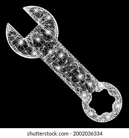 Glare net mesh spanner model with flash nodes. Constellation vector model created from spanner pictogram and crossed white lines. Sparkle constellation mesh spanner, on a black backgound.