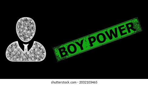 Glattnetzmaschige Nutzerprofilrahmen mit leuchtenden Flecken und grünem Rechteck strukturiertes Boy Power-Siegel. Konstellation Vektorstruktur erstellt aus dem Benutzerprofil Piktogramm und intersected weißen Linien.