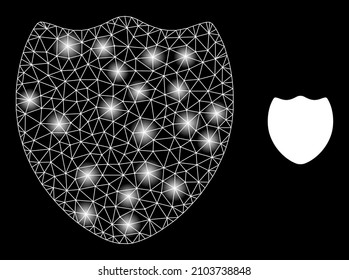 Glare net shield web icon with glowing spots. Illuminated constellation is created using shield vector icon. Glowing carcass web polygonal shield, on a black background.