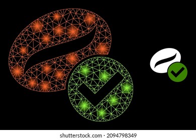 Glare net gültige Kaffee-Web-Icon mit Flare Flecken. Die hellbefeuerte Konstellation wird aus einem gültigen Kaffee-Vektorsymbol erstellt. Illuminiertes Rahmen Web Polygonal gültiger Kaffee, auf schwarzem Hintergrund.