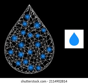 Glare net water drop icon with illuminated light spots. Illuminated model is generated from water drop vector icon and intersected lines. Illuminated frame water drop, on a black background.