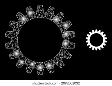 Glare network cogwheel web icon with illuminated spots. Illuminated constellation generated from cogwheel vector icon. Illuminated frame web polygonal cogwheel, on a black background.